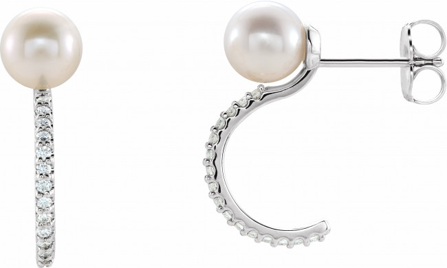 14K White Freshwater Cultured Pearl & 1/6 CTW Diamond Hoop Earrings - 86643605P