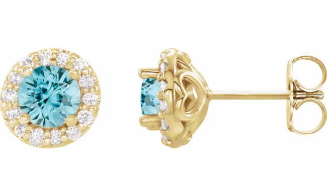 14K Yellow 4 mm Round Blue Zircon & 1/8 Diamond Earrings - 86839629P
