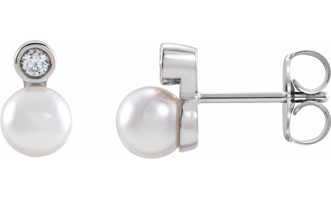 14K White Akoya Cultured Pearl & .06 CTW Diamond Bezel-Set Earrings - 87317155P