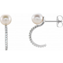 14K White Freshwater Cultured Pearl & 1/6 CTW Diamond Hoop Earrings - 86643605P