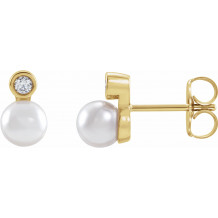14K Yellow Akoya Cultured Pearl & 1/8 CTW Diamond Bezel-Set Earrings - 87317111P