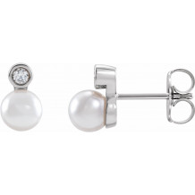 14K White Akoya Cultured Pearl & 1/8 CTW Diamond Bezel-Set Earrings - 87317101P