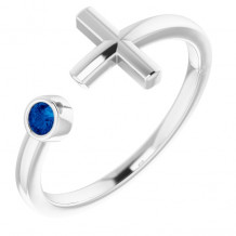 14K White Blue Sapphire Negative Space Cross Ring - R4308360050P